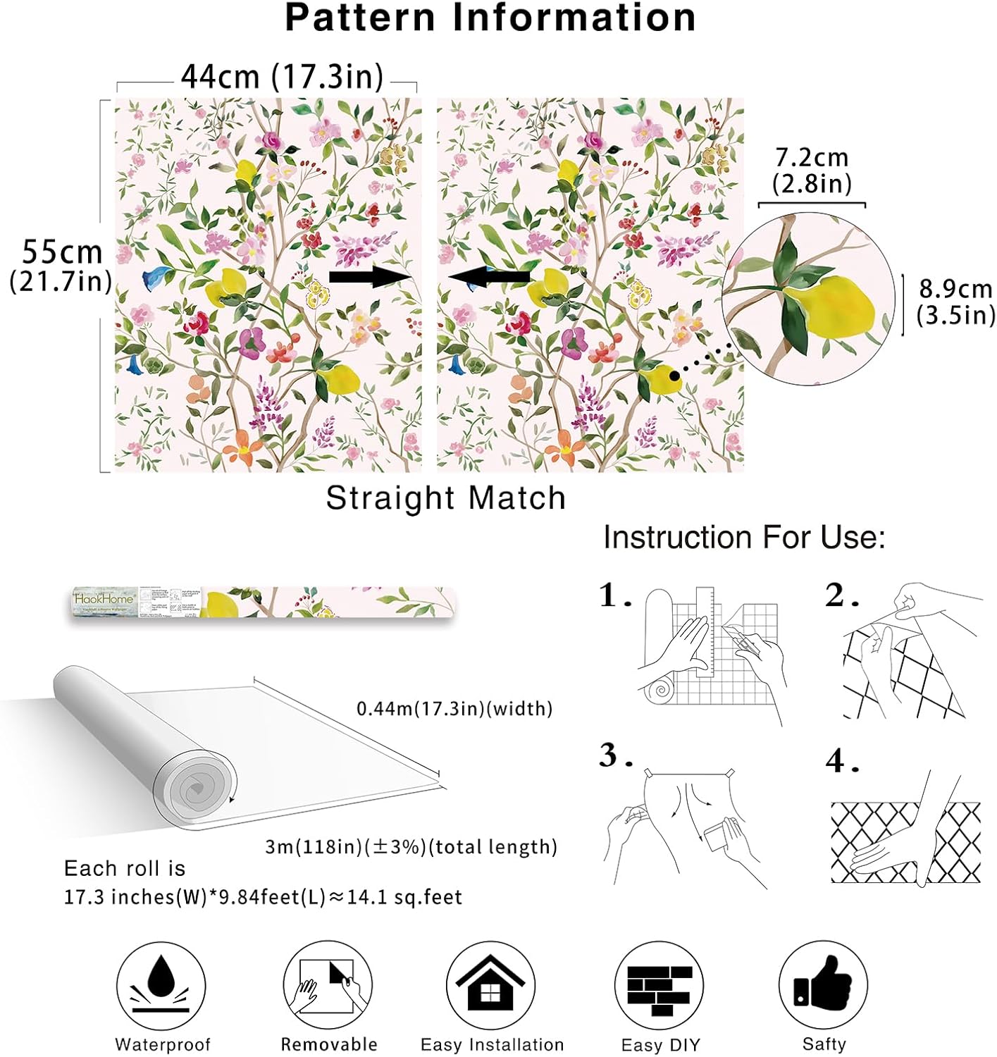 Peel and Stick Wallpaper Floral Chinoiserie Frensh Farmhouse Wall Paper Lemon Removable for Bedroom White/Pink/Green Nursery Kids Room 17.3in x 9.8ft