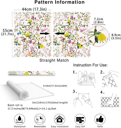 Peel and Stick Wallpaper Floral Chinoiserie Frensh Farmhouse Wall Paper Lemon Removable for Bedroom White/Pink/Green Nursery Kids Room 17.3in x 9.8ft