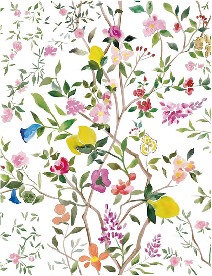 Peel and Stick Wallpaper Floral Chinoiserie Frensh Farmhouse Wall Paper Lemon Removable for Bedroom White/Pink/Green Nursery Kids Room 17.3in x 9.8ft
