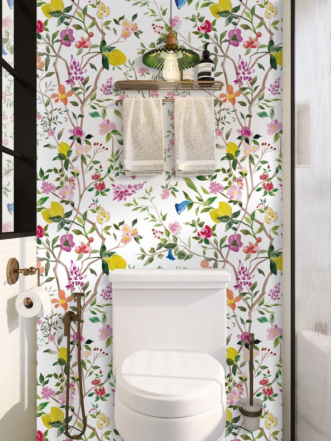 Peel and Stick Wallpaper Floral Chinoiserie Frensh Farmhouse Wall Paper Lemon Removable for Bedroom White/Pink/Green Nursery Kids Room 17.3in x 9.8ft