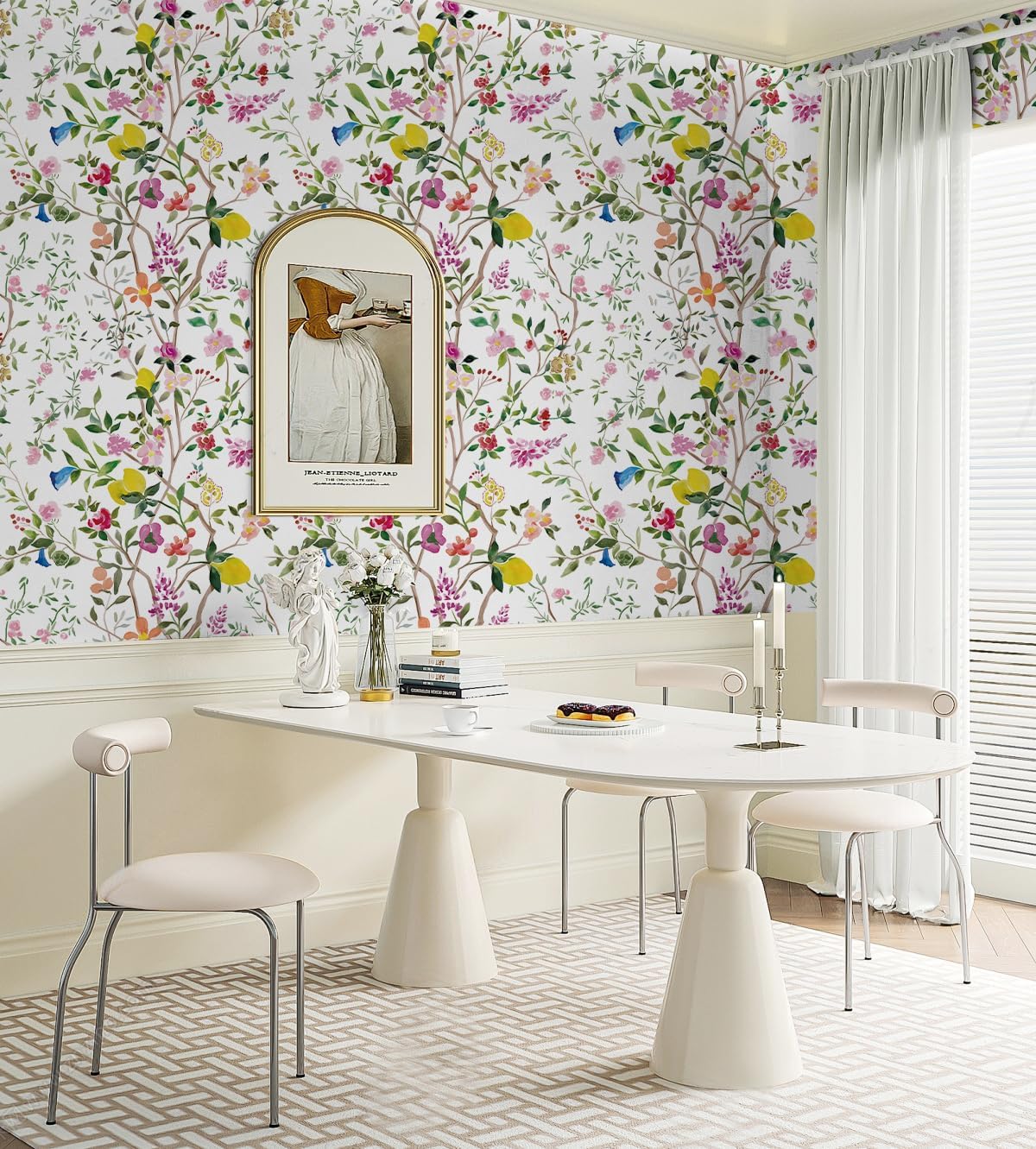 Peel and Stick Wallpaper Floral Chinoiserie Frensh Farmhouse Wall Paper Lemon Removable for Bedroom White/Pink/Green Nursery Kids Room 17.3in x 9.8ft