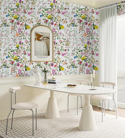 Peel and Stick Wallpaper Floral Chinoiserie Frensh Farmhouse Wall Paper Lemon Removable for Bedroom White/Pink/Green Nursery Kids Room 17.3in x 9.8ft