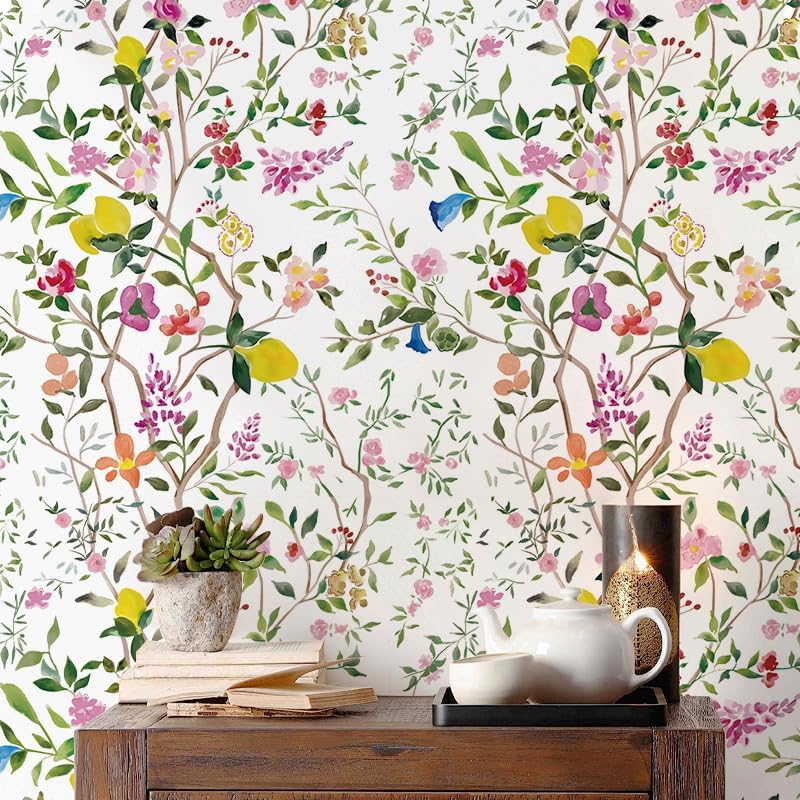 Peel and Stick Wallpaper Floral Chinoiserie Frensh Farmhouse Wall Paper Lemon Removable for Bedroom White/Pink/Green Nursery Kids Room 17.3in x 9.8ft