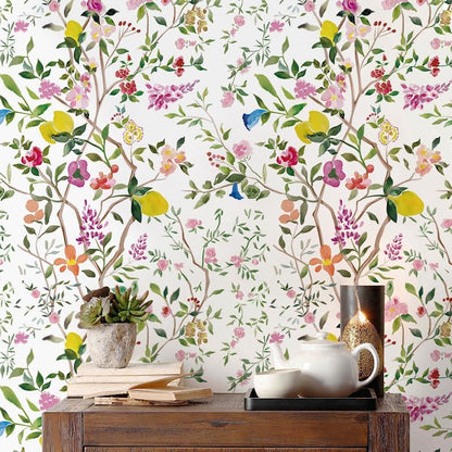 Peel and Stick Wallpaper Floral Chinoiserie Frensh Farmhouse Wall Paper Lemon Removable for Bedroom White/Pink/Green Nursery Kids Room 17.3in x 9.8ft