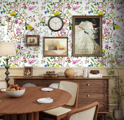 Peel and Stick Wallpaper Floral Chinoiserie Frensh Farmhouse Wall Paper Lemon Removable for Bedroom White/Pink/Green Nursery Kids Room 17.3in x 9.8ft
