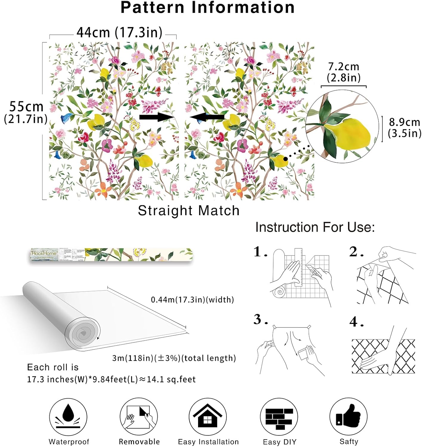 Peel and Stick Wallpaper Floral Chinoiserie Frensh Farmhouse Wall Paper Lemon Removable for Bedroom White/Pink/Green Nursery Kids Room 17.3in x 9.8ft