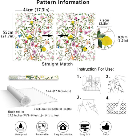 Peel and Stick Wallpaper Floral Chinoiserie Frensh Farmhouse Wall Paper Lemon Removable for Bedroom White/Pink/Green Nursery Kids Room 17.3in x 9.8ft
