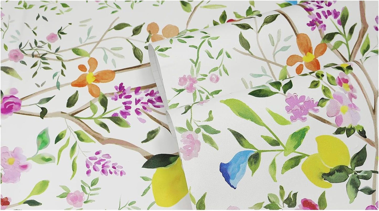 Peel and Stick Wallpaper Floral Chinoiserie Frensh Farmhouse Wall Paper Lemon Removable for Bedroom White/Pink/Green Nursery Kids Room 17.3in x 9.8ft