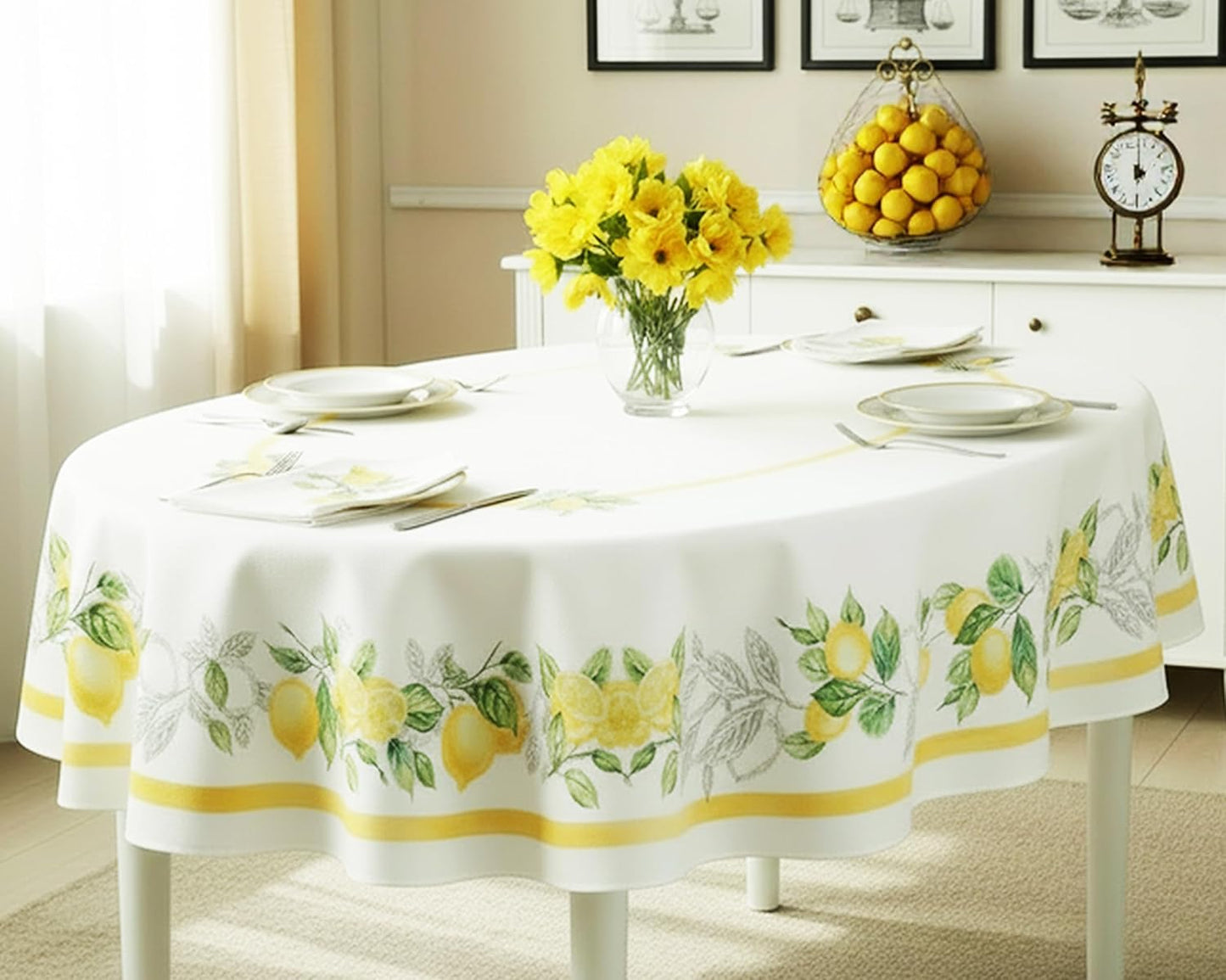 Newbridge Oval Fabric Tablecloth, 60 x 84 Inch, Lemon Orchard, Indoor/Outdoor Stain Resistant No-Iron Fabric Table Cloth, Fresh Lemon and Citrus Leaf
