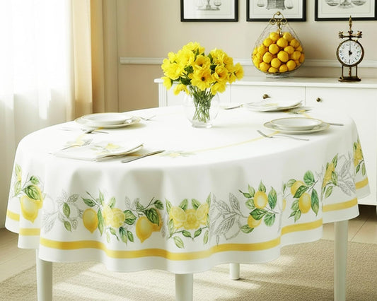 Newbridge Oval Fabric Tablecloth, 60 x 84 Inch, Lemon Orchard, Indoor/Outdoor Stain Resistant No-Iron Fabric Table Cloth, Fresh Lemon and Citrus Leaf
