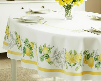 Newbridge Oval Fabric Tablecloth, 60 x 84 Inch, Lemon Orchard, Indoor/Outdoor Stain Resistant No-Iron Fabric Table Cloth, Fresh Lemon and Citrus Leaf