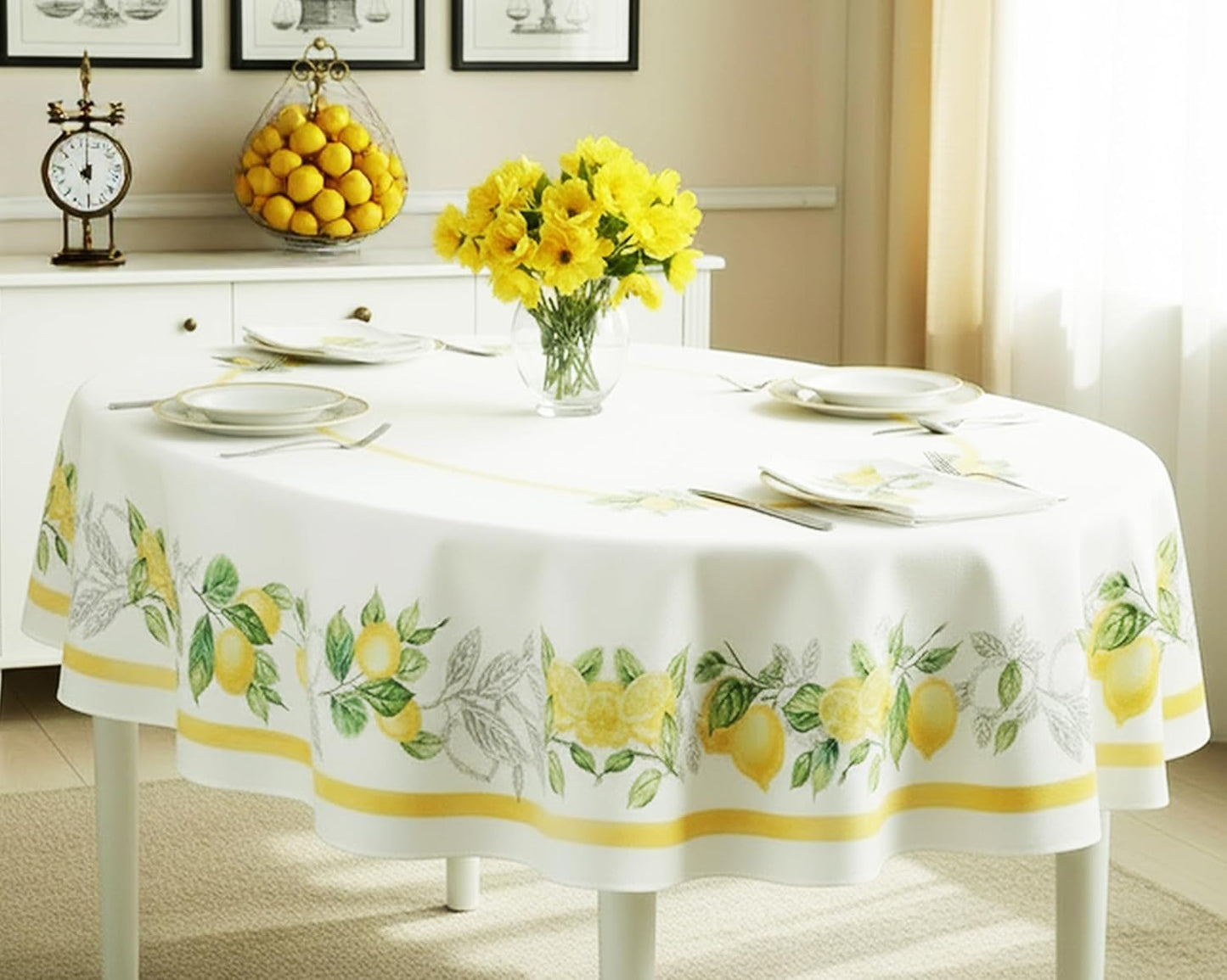 Newbridge Oval Fabric Tablecloth, 60 x 84 Inch, Lemon Orchard, Indoor/Outdoor Stain Resistant No-Iron Fabric Table Cloth, Fresh Lemon and Citrus Leaf