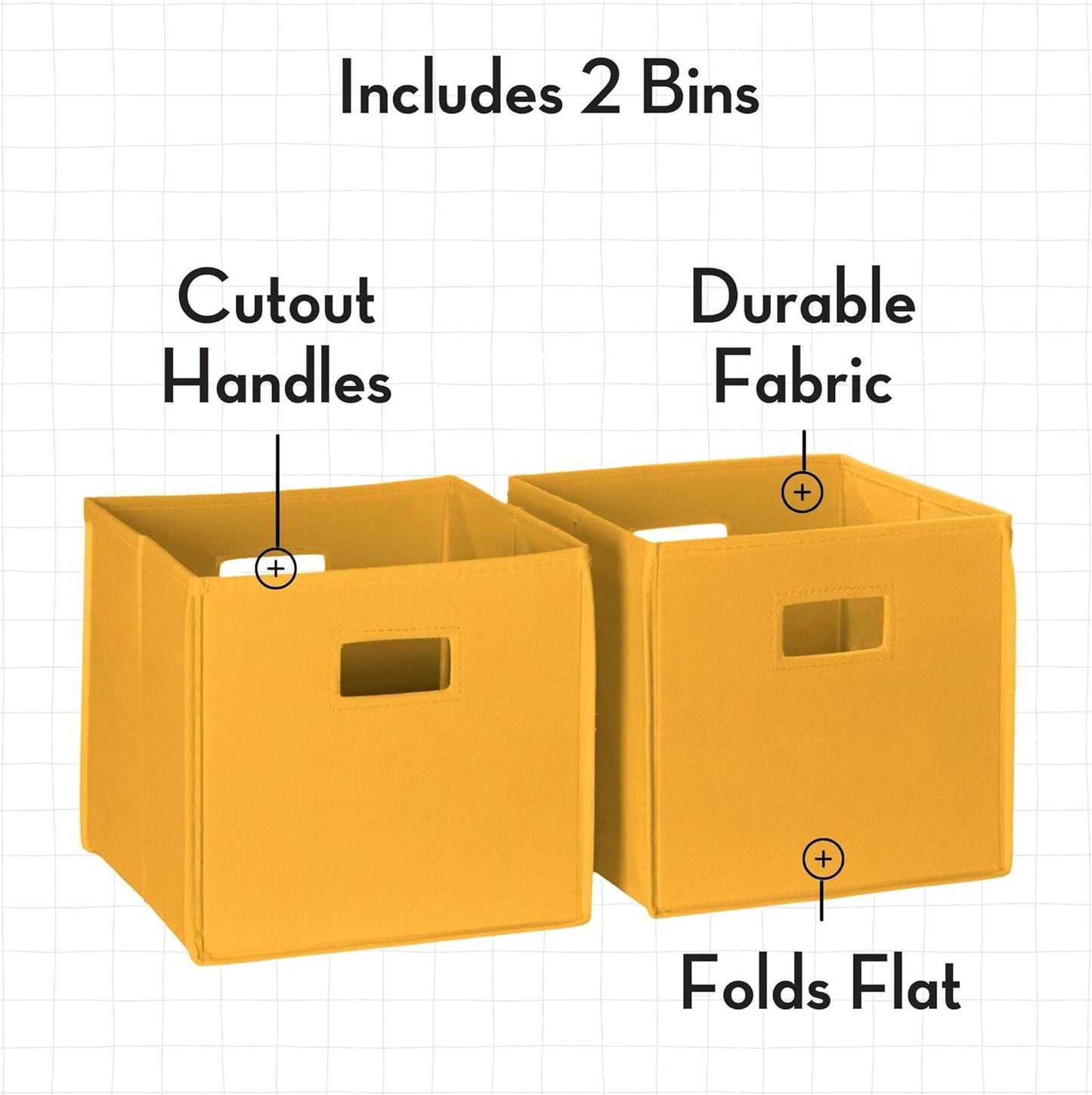 RiverRidge Folding Storage Bins - 2-pack of 10in Tall Golden Yellow Cubes | Fabric Bins, Set of 2 Storage Cubes, Cut-out Handles, Playroom Closet Organizer, Collapsible Cubby with Bottom Board Insert