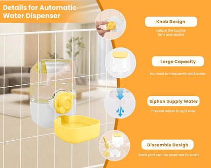 Automatic Replenish Pet Waterer, 1L Capacity Auto Siphon Gravity Cage Hanging Water Dispenser Set for Dog and Cat Small Animals, Removable Pet Water Bottle Water Container (Waterer, Yellow&White)