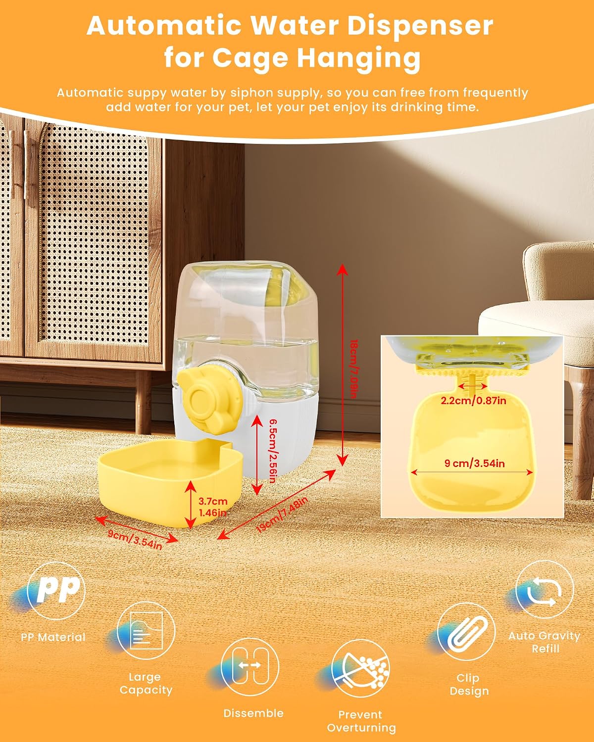Automatic Replenish Pet Waterer, 1L Capacity Auto Siphon Gravity Cage Hanging Water Dispenser Set for Dog and Cat Small Animals, Removable Pet Water Bottle Water Container (Waterer, Yellow&White)