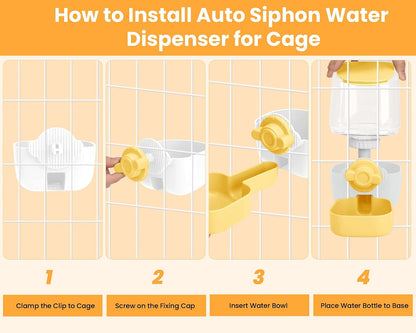 Automatic Replenish Pet Waterer, 1L Capacity Auto Siphon Gravity Cage Hanging Water Dispenser Set for Dog and Cat Small Animals, Removable Pet Water Bottle Water Container (Waterer, Yellow&White)