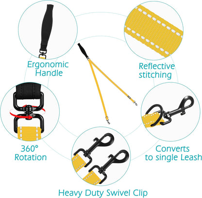 Two Point Control Dog Leash, No Tangle Training Walking Leashes | Soft Padded Handle, Reflective, Works with No Pull Harnesses, Converts to Single Lead for Medium Large Dogs, Yellow
