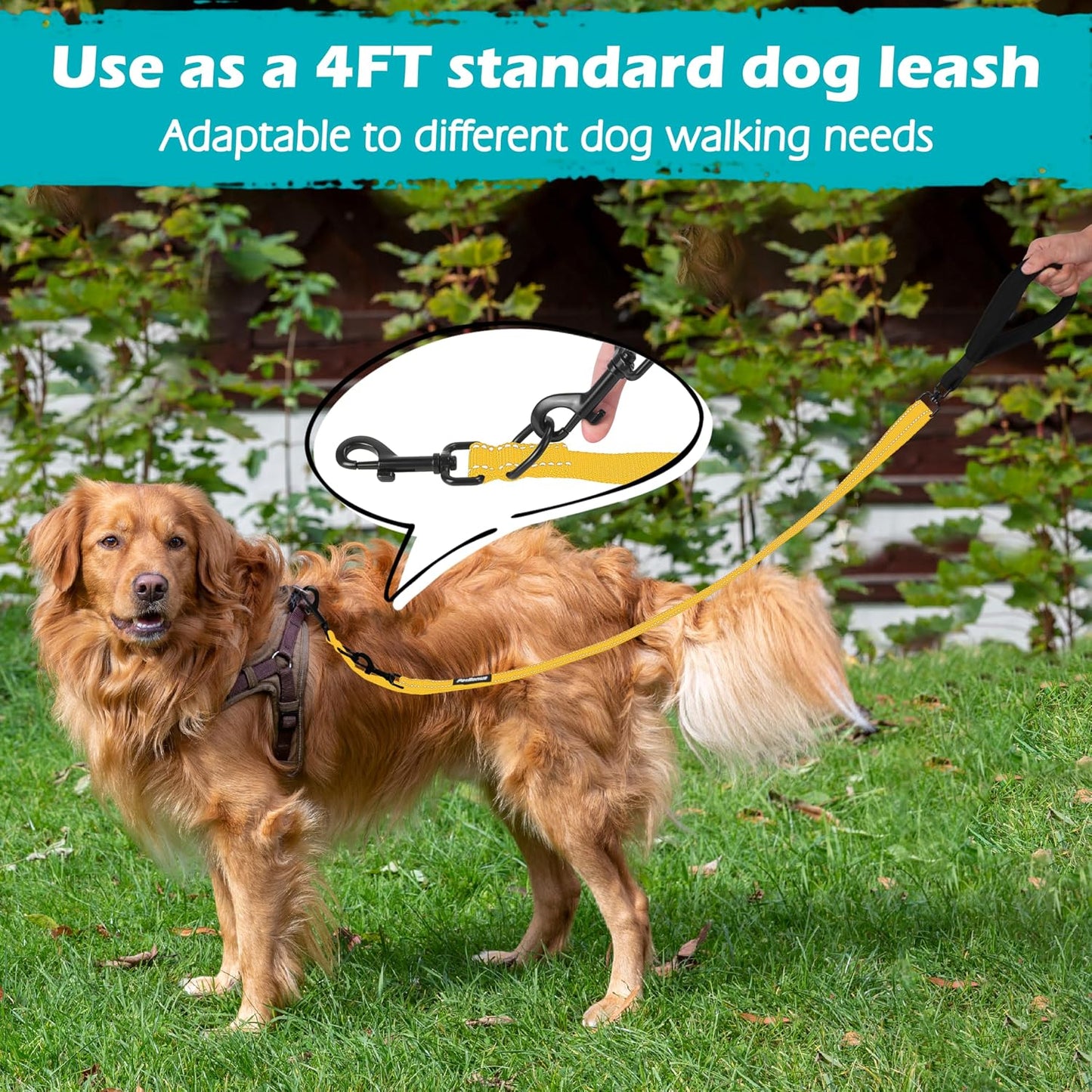 Two Point Control Dog Leash, No Tangle Training Walking Leashes | Soft Padded Handle, Reflective, Works with No Pull Harnesses, Converts to Single Lead for Medium Large Dogs, Yellow