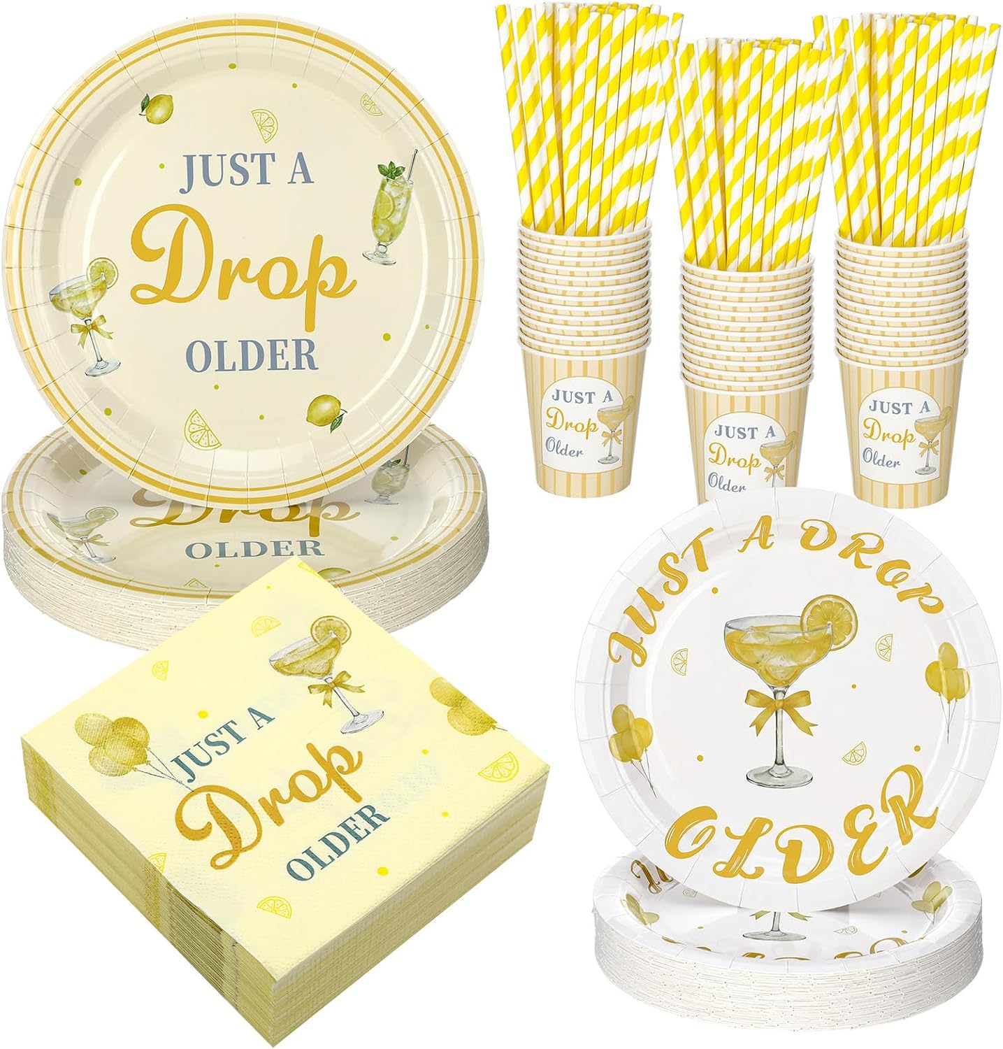 180 Pcs Just a Drop Older Birthday Party Supplies Lemon Theme Disposable Dinnerware Set with Paper Plates Napkins Cups Straws Disposable Dinnerware for Adult Birthday Party Decorations