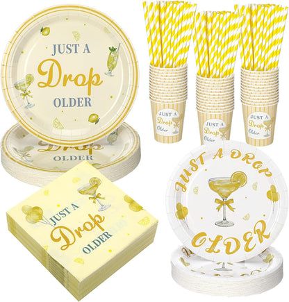180 Pcs Just a Drop Older Birthday Party Supplies Lemon Theme Disposable Dinnerware Set with Paper Plates Napkins Cups Straws Disposable Dinnerware for Adult Birthday Party Decorations