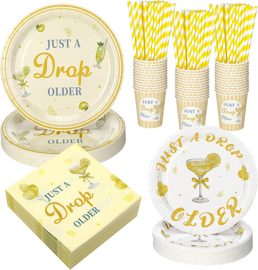 180 Pcs Just a Drop Older Birthday Party Supplies Lemon Theme Disposable Dinnerware Set with Paper Plates Napkins Cups Straws Disposable Dinnerware for Adult Birthday Party Decorations