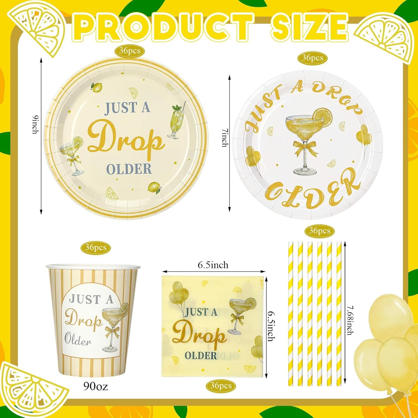 180 Pcs Just a Drop Older Birthday Party Supplies Lemon Theme Disposable Dinnerware Set with Paper Plates Napkins Cups Straws Disposable Dinnerware for Adult Birthday Party Decorations