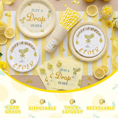 180 Pcs Just a Drop Older Birthday Party Supplies Lemon Theme Disposable Dinnerware Set with Paper Plates Napkins Cups Straws Disposable Dinnerware for Adult Birthday Party Decorations