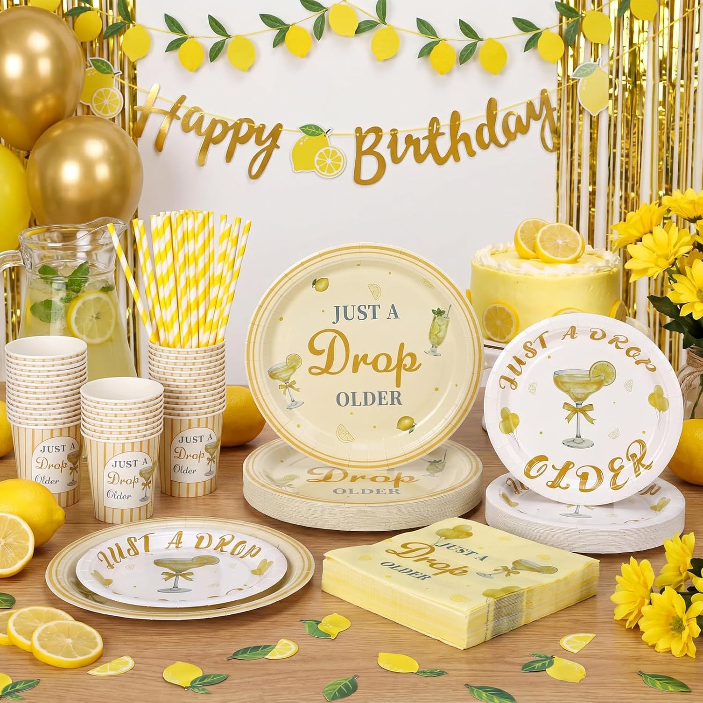 180 Pcs Just a Drop Older Birthday Party Supplies Lemon Theme Disposable Dinnerware Set with Paper Plates Napkins Cups Straws Disposable Dinnerware for Adult Birthday Party Decorations