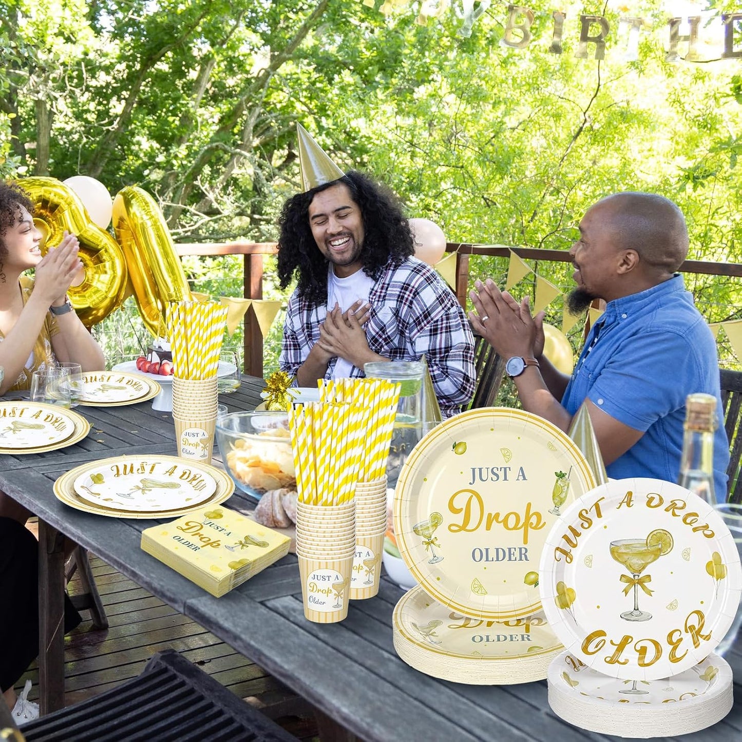 180 Pcs Just a Drop Older Birthday Party Supplies Lemon Theme Disposable Dinnerware Set with Paper Plates Napkins Cups Straws Disposable Dinnerware for Adult Birthday Party Decorations