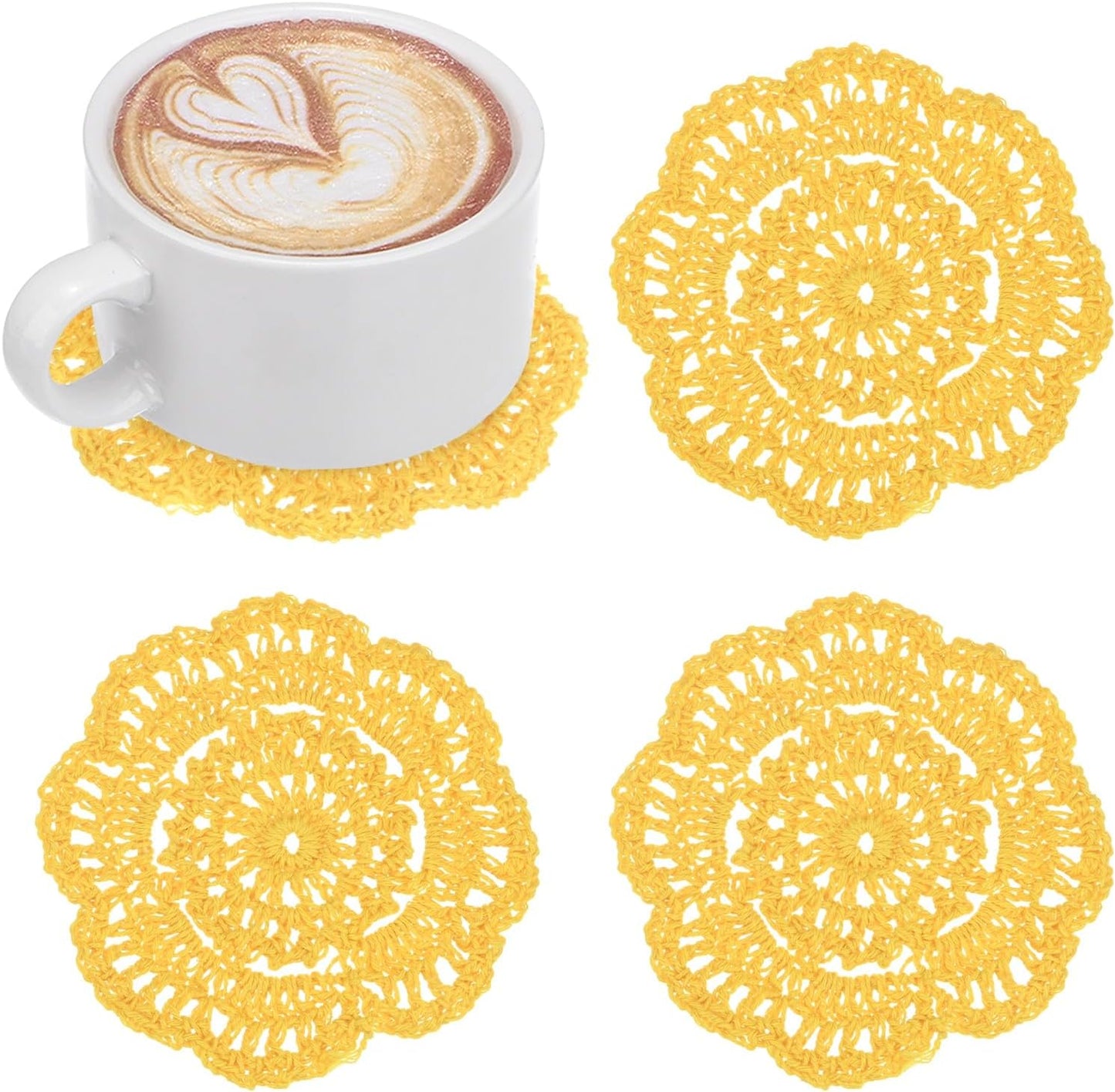4-Pack Handmade Crochet Coasters, 4Inch/10cm Round Cotton Placemats for Table/Cup/Bowl/Vase/Tea Trays/Home Decoration, Lace Doilies Place Mats [Yellow]