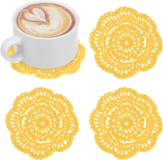 4-Pack Handmade Crochet Coasters, 4Inch/10cm Round Cotton Placemats for Table/Cup/Bowl/Vase/Tea Trays/Home Decoration, Lace Doilies Place Mats [Yellow]