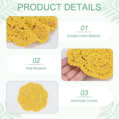 4-Pack Handmade Crochet Coasters, 4Inch/10cm Round Cotton Placemats for Table/Cup/Bowl/Vase/Tea Trays/Home Decoration, Lace Doilies Place Mats [Yellow]
