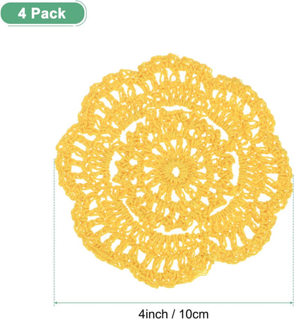4-Pack Handmade Crochet Coasters, 4Inch/10cm Round Cotton Placemats for Table/Cup/Bowl/Vase/Tea Trays/Home Decoration, Lace Doilies Place Mats [Yellow]