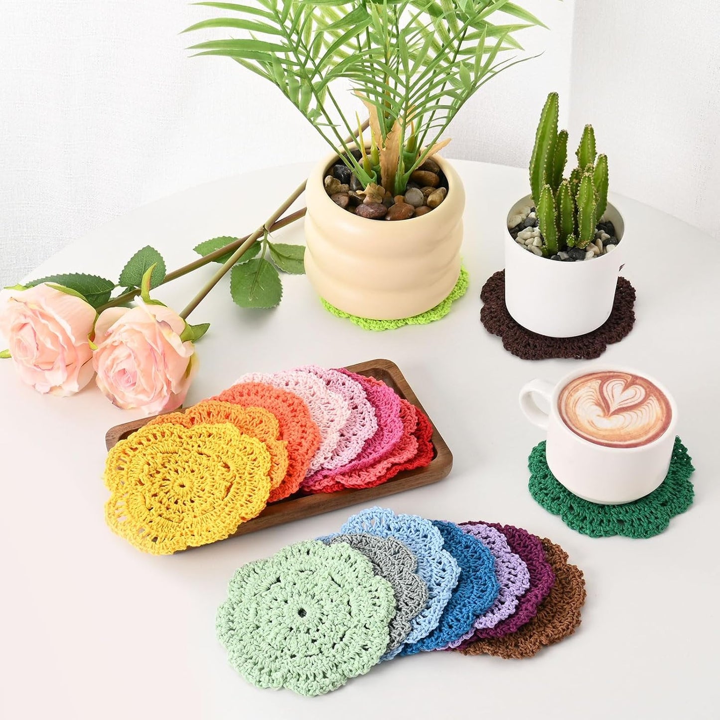 4-Pack Handmade Crochet Coasters, 4Inch/10cm Round Cotton Placemats for Table/Cup/Bowl/Vase/Tea Trays/Home Decoration, Lace Doilies Place Mats [Yellow]