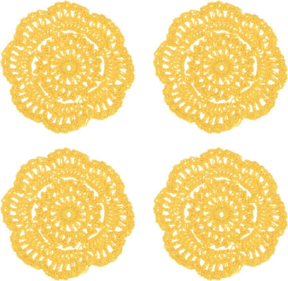 4-Pack Handmade Crochet Coasters, 4Inch/10cm Round Cotton Placemats for Table/Cup/Bowl/Vase/Tea Trays/Home Decoration, Lace Doilies Place Mats [Yellow]