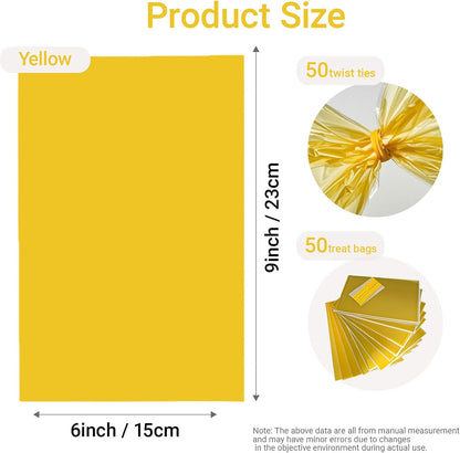 Cellophane Treat Bags Yellow, 9x6 inches, 50 Pack with Ties,Small Party Favors bags for Cookie Candy Popcorn