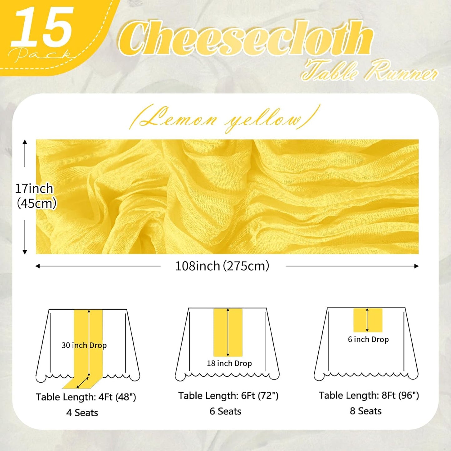 15 Pack Lemon Yellow Cheesecloth Table Runner 17 x 108 inch Cheese Cloth Table Runners 9ft Yellow Table Runner Rustic Romantic Sheer Gauze Runner for Wedding Party Baby Shower Table Decoration