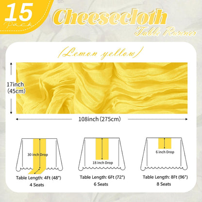 15 Pack Lemon Yellow Cheesecloth Table Runner 17 x 108 inch Cheese Cloth Table Runners 9ft Yellow Table Runner Rustic Romantic Sheer Gauze Runner for Wedding Party Baby Shower Table Decoration