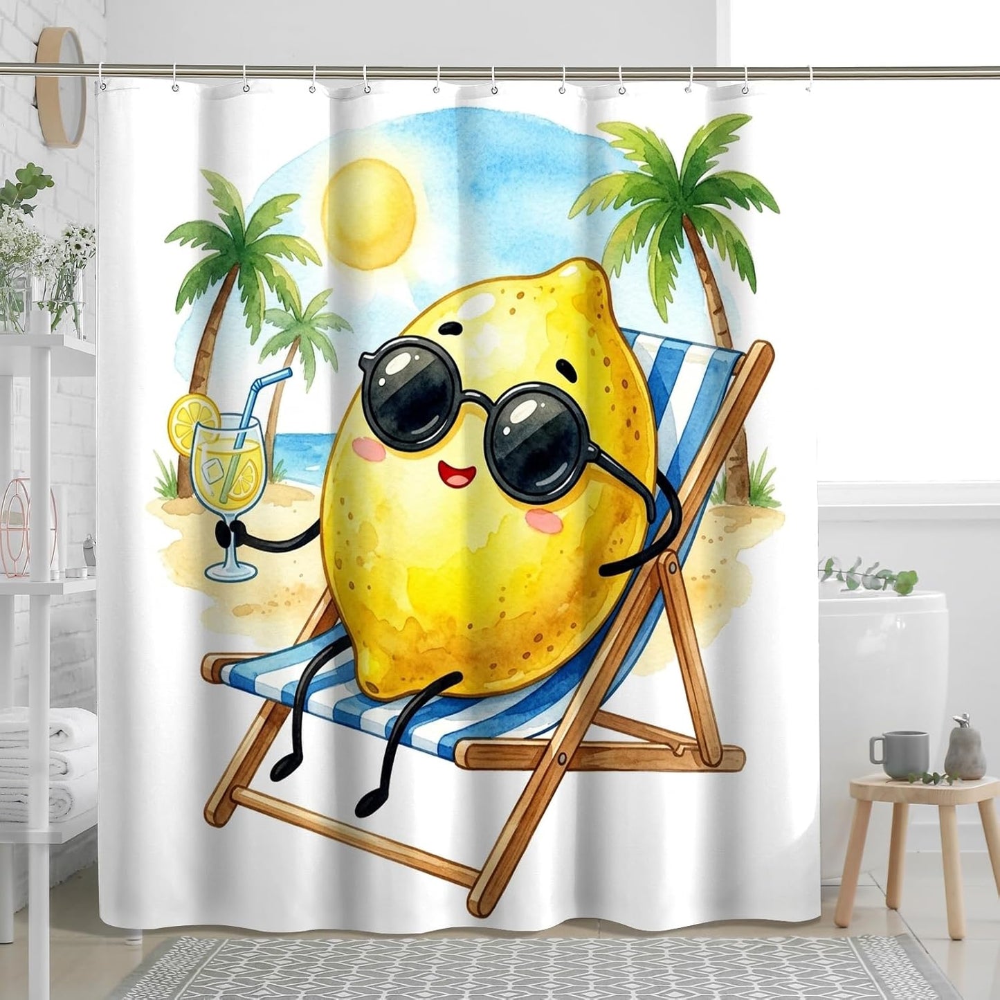 Funny Cute Lemons Shower Curtain Set 62W x 72L, Fruits Beach Vacation Palm Bathroom Decor, Plant Printed Fabric Bath Accessories