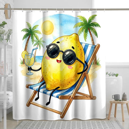 Funny Cute Lemons Shower Curtain Set 62W x 72L, Fruits Beach Vacation Palm Bathroom Decor, Plant Printed Fabric Bath Accessories