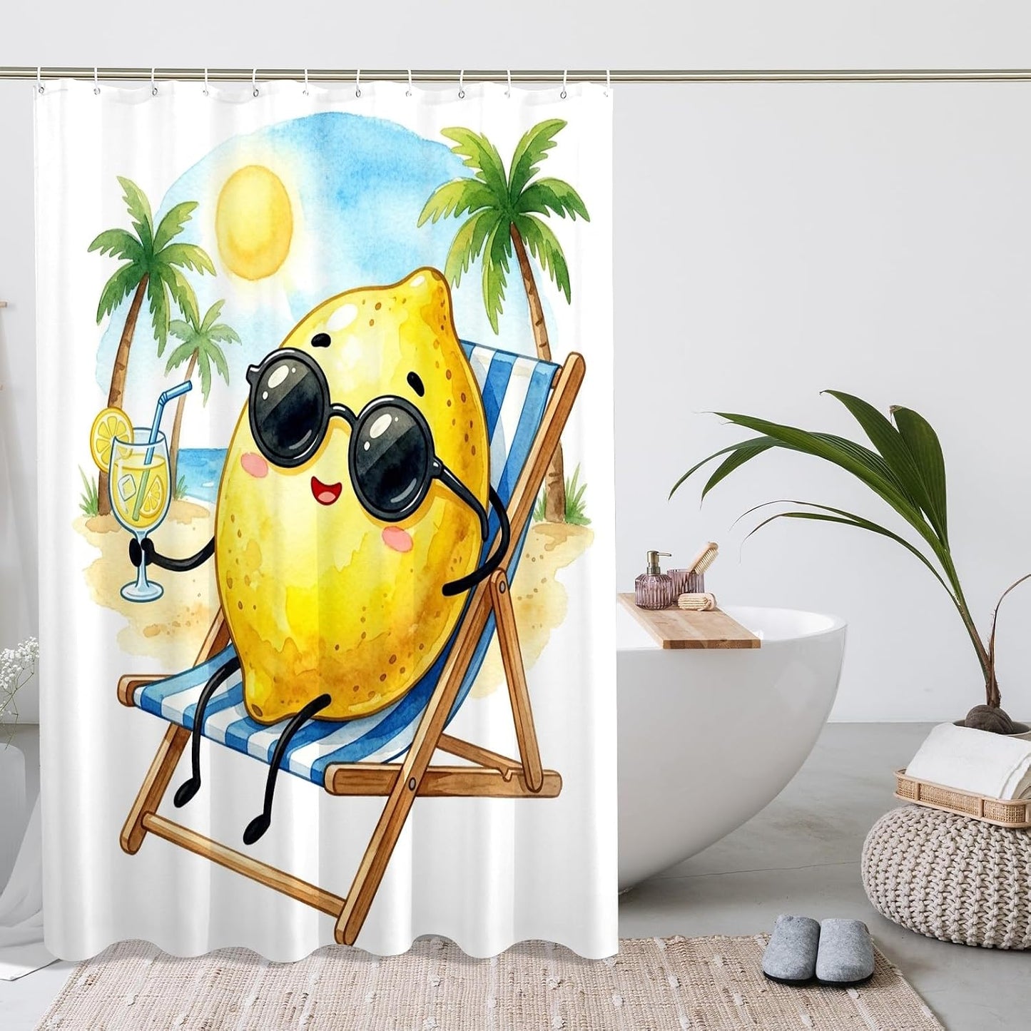 Funny Cute Lemons Shower Curtain Set 62W x 72L, Fruits Beach Vacation Palm Bathroom Decor, Plant Printed Fabric Bath Accessories