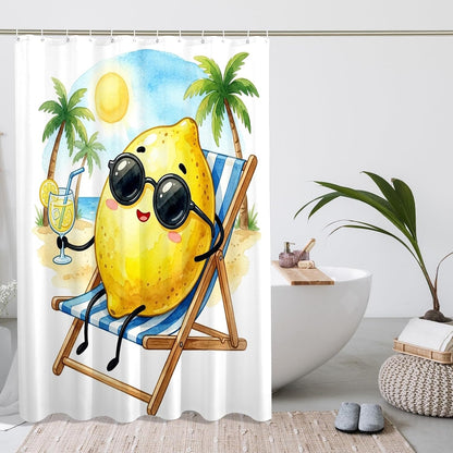 Funny Cute Lemons Shower Curtain Set 62W x 72L, Fruits Beach Vacation Palm Bathroom Decor, Plant Printed Fabric Bath Accessories