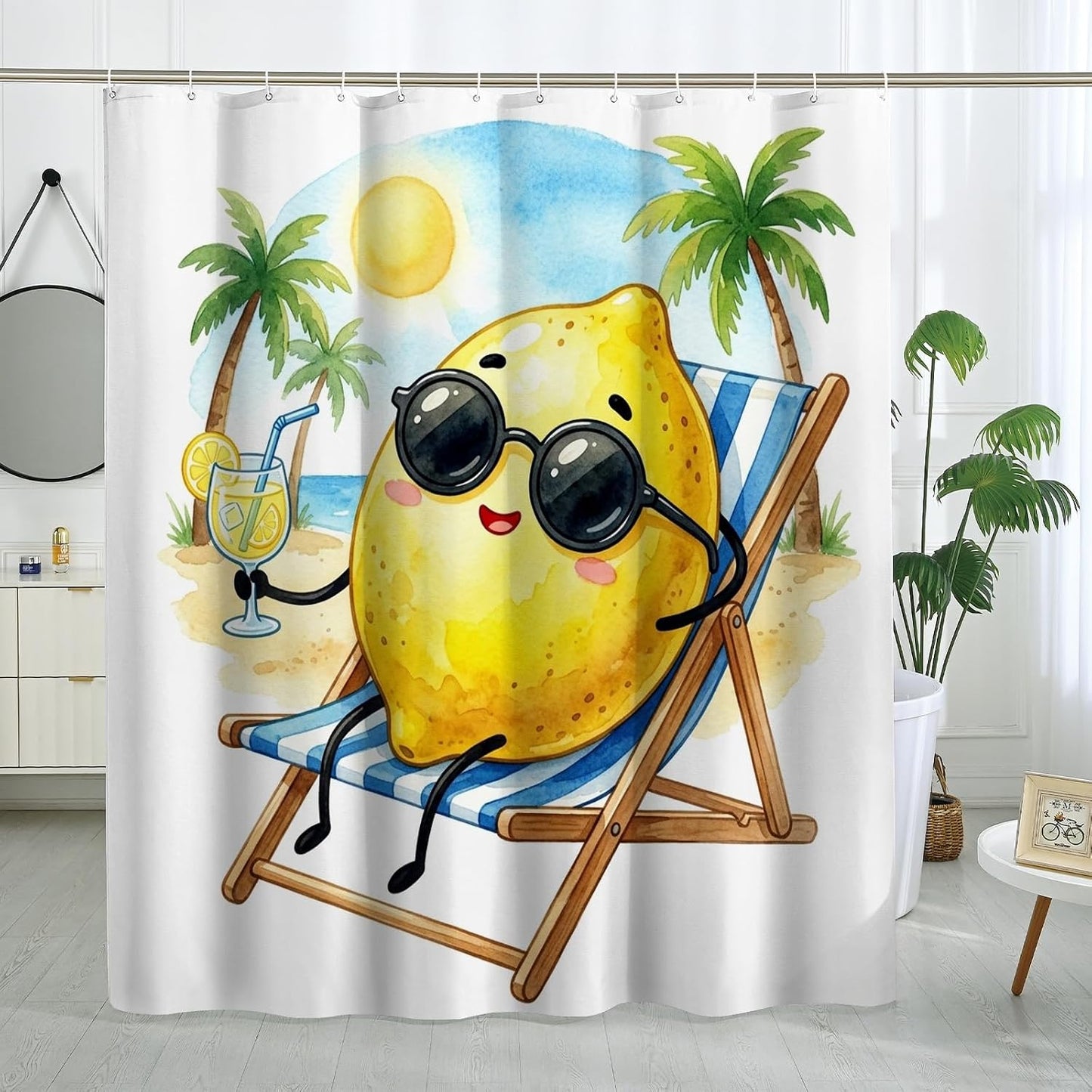 Funny Cute Lemons Shower Curtain Set 62W x 72L, Fruits Beach Vacation Palm Bathroom Decor, Plant Printed Fabric Bath Accessories
