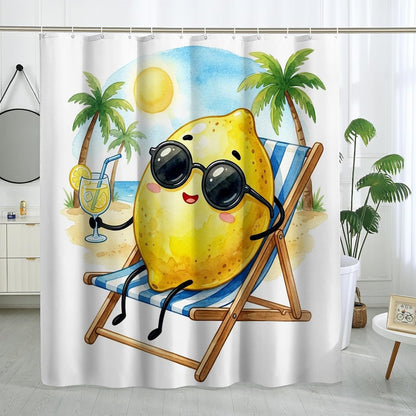 Funny Cute Lemons Shower Curtain Set 62W x 72L, Fruits Beach Vacation Palm Bathroom Decor, Plant Printed Fabric Bath Accessories