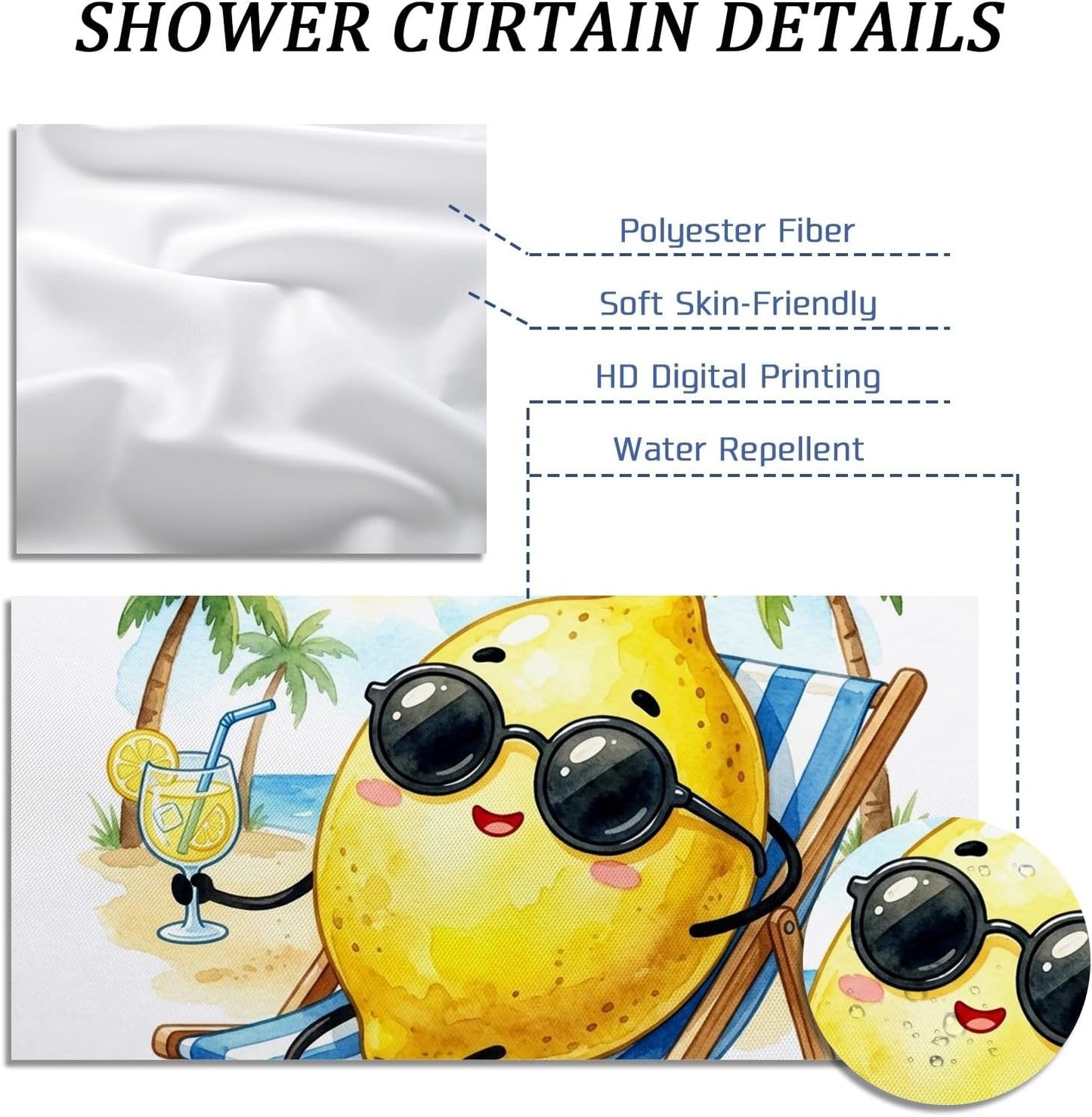 Funny Cute Lemons Shower Curtain Set 62W x 72L, Fruits Beach Vacation Palm Bathroom Decor, Plant Printed Fabric Bath Accessories