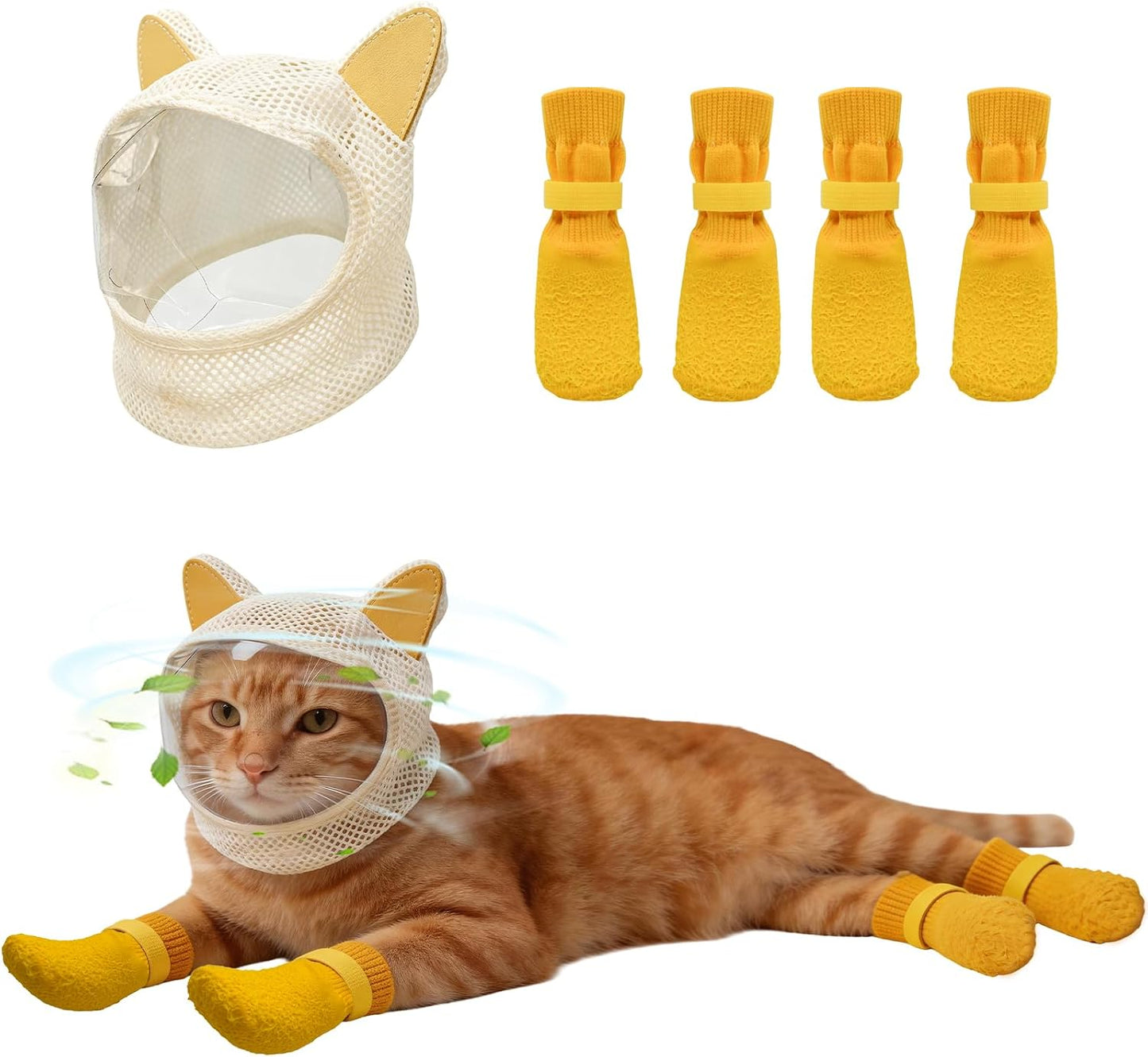 Cat Muzzle for Grooming and Nail Trimming, Breathable 360° Mesh Cat Mask with Clear Vision TPU Panel, Adjustable Anti-Bite Head Cover for Bathing & Vet Visits, Includes 4 Claw Covers（Yellow）