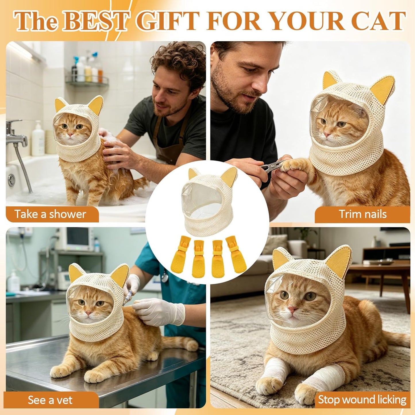 Cat Muzzle for Grooming and Nail Trimming, Breathable 360° Mesh Cat Mask with Clear Vision TPU Panel, Adjustable Anti-Bite Head Cover for Bathing & Vet Visits, Includes 4 Claw Covers（Yellow）