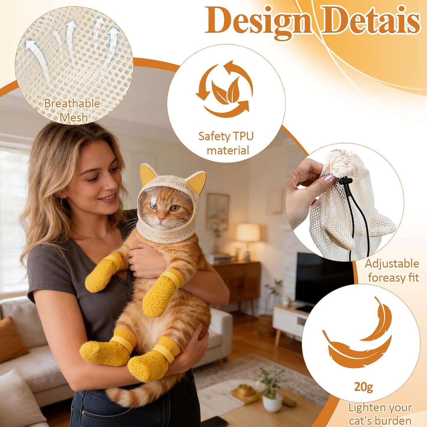 Cat Muzzle for Grooming and Nail Trimming, Breathable 360° Mesh Cat Mask with Clear Vision TPU Panel, Adjustable Anti-Bite Head Cover for Bathing & Vet Visits, Includes 4 Claw Covers（Yellow）