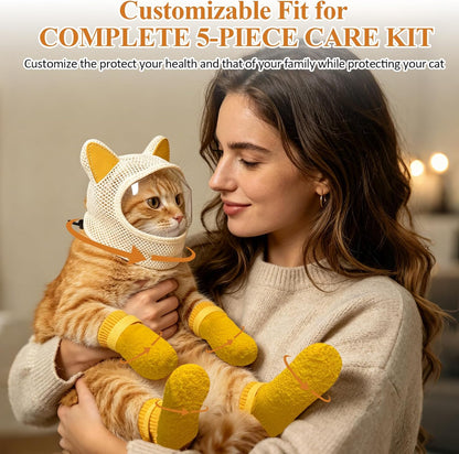 Cat Muzzle for Grooming and Nail Trimming, Breathable 360° Mesh Cat Mask with Clear Vision TPU Panel, Adjustable Anti-Bite Head Cover for Bathing & Vet Visits, Includes 4 Claw Covers（Yellow）