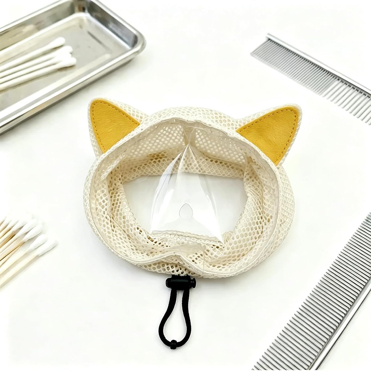 Cat Muzzle for Grooming and Nail Trimming, Breathable 360° Mesh Cat Mask with Clear Vision TPU Panel, Adjustable Anti-Bite Head Cover for Bathing & Vet Visits, Includes 4 Claw Covers（Yellow）